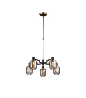 Worcester Swing Arm Telescopic Pendant 5 Light E14 Brass/Satin Black/Smoke Striped Cylinder Glass-1