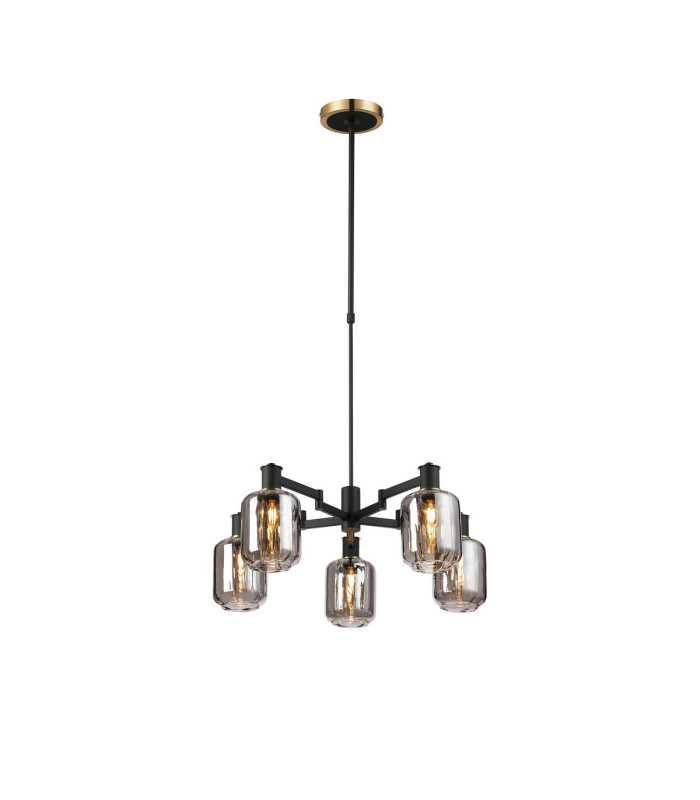 Worcester Swing Arm Telescopic Pendant 5 Light E14 Brass/Satin Black/Smoke Striped Cylinder Glass-1