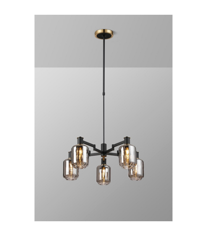 Worcester Swing Arm Telescopic Pendant 5 Light E14 Brass/Satin Black/Smoke Striped Cylinder Glass-3