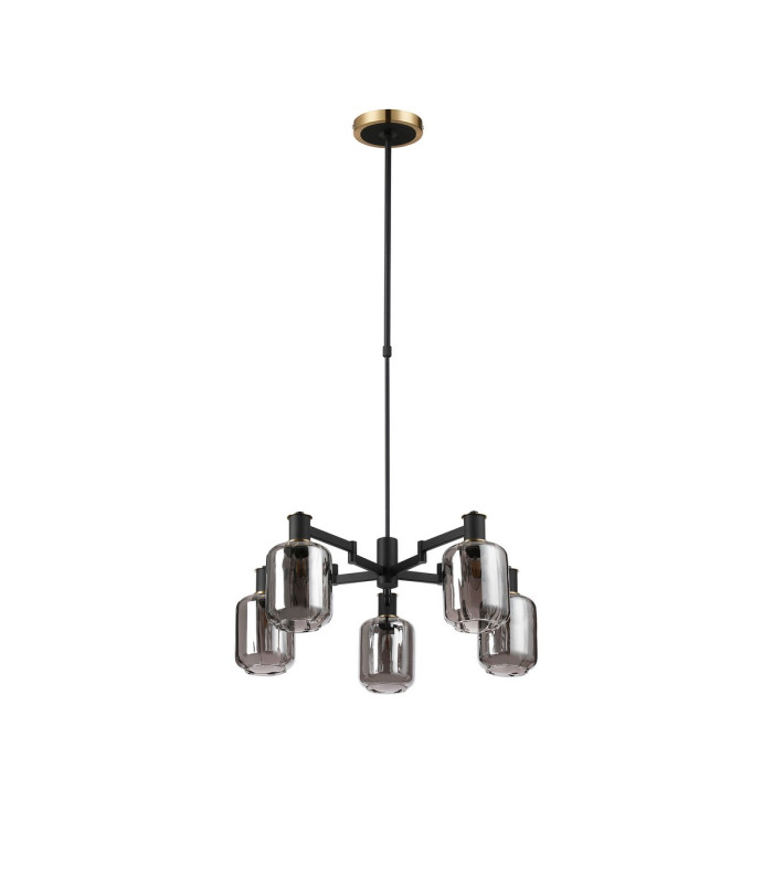 Worcester Swing Arm Telescopic Pendant 5 Light E14 Brass/Satin Black/Smoke Striped Cylinder Glass-5