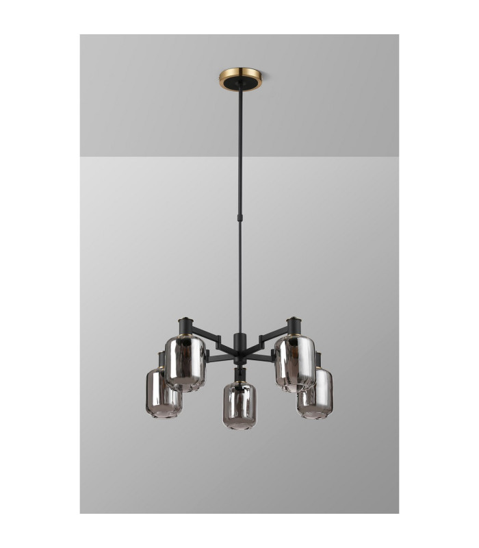 Worcester Swing Arm Telescopic Pendant 5 Light E14 Brass/Satin Black/Smoke Striped Cylinder Glass-10