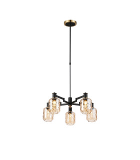 Worcester Swing Arm Telescopic Pendant 5 Light E14 Brass/Satin Black/Amber Twisted Cylinder Glass-1