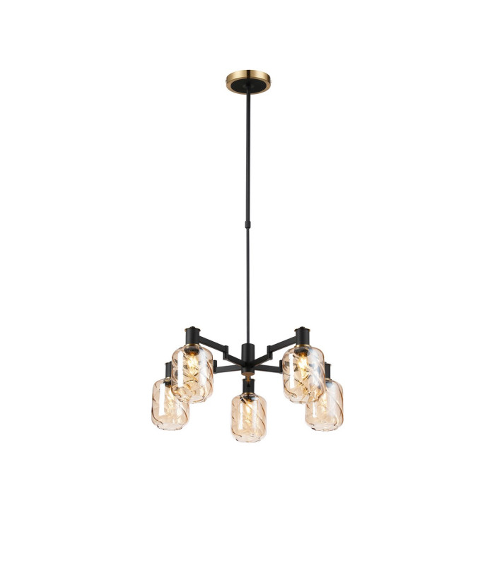 Worcester Swing Arm Telescopic Pendant 5 Light E14 Brass/Satin Black/Amber Twisted Cylinder Glass-1
