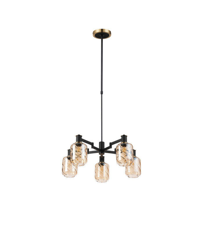 Worcester Swing Arm Telescopic Pendant 5 Light E14 Brass/Satin Black/Amber Twisted Cylinder Glass-5