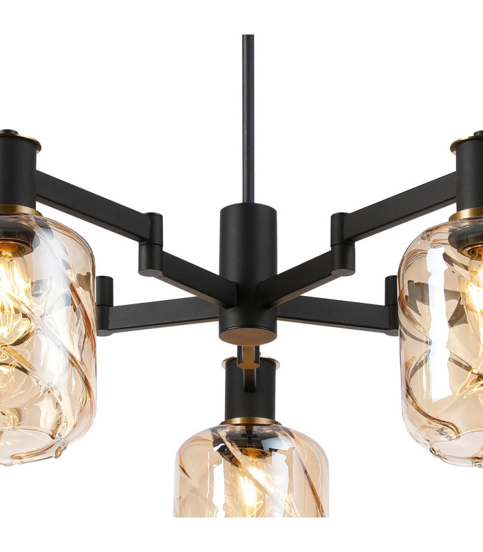 Worcester Swing Arm Telescopic Pendant 5 Light E14 Brass/Satin Black/Amber Twisted Cylinder Glass-7