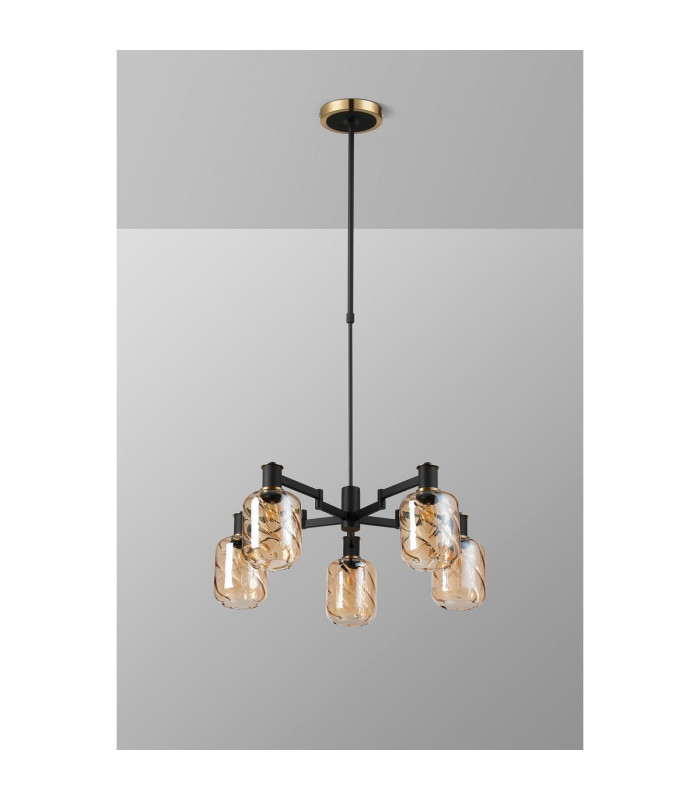 Worcester Swing Arm Telescopic Pendant 5 Light E14 Brass/Satin Black/Amber Twisted Cylinder Glass-10