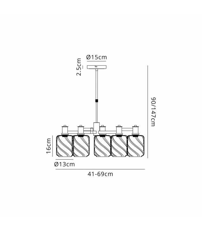 Worcester Swing Arm Telescopic Pendant 5 Light E14 Brass/Satin Black/Clear Twisted Cylinder Glass-2