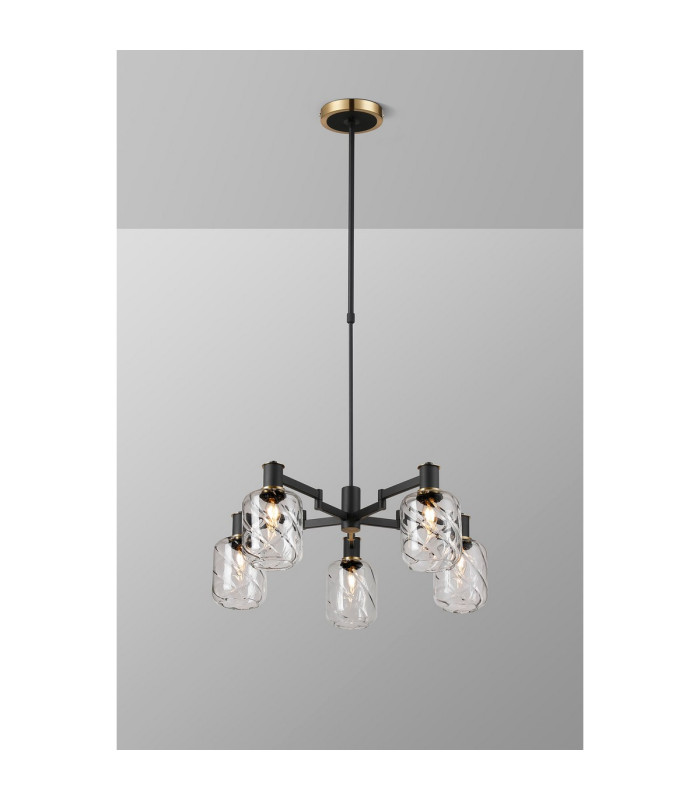 Worcester Swing Arm Telescopic Pendant 5 Light E14 Brass/Satin Black/Clear Twisted Cylinder Glass-3
