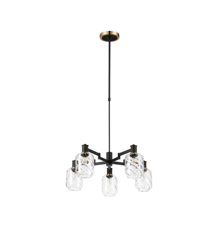 Worcester Swing Arm Telescopic Pendant 5 Light E14 Brass/Satin Black/Clear Twisted Cylinder Glass-5