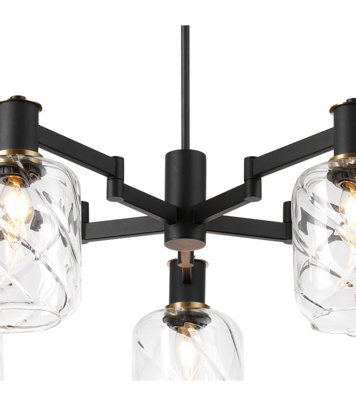 Worcester Swing Arm Telescopic Pendant 5 Light E14 Brass/Satin Black/Clear Twisted Cylinder Glass-7