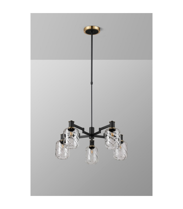 Worcester Swing Arm Telescopic Pendant 5 Light E14 Brass/Satin Black/Clear Twisted Cylinder Glass-10