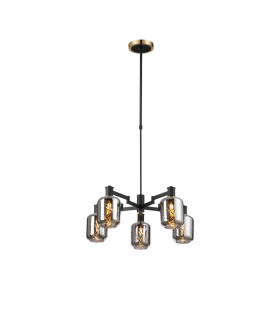 Worcester Swing Arm Telescopic Pendant 5 Light E14 Brass/Satin Black/Smoke Twisted Cylinder Glass-1