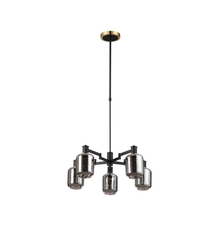 Worcester Swing Arm Telescopic Pendant 5 Light E14 Brass/Satin Black/Smoke Twisted Cylinder Glass-5