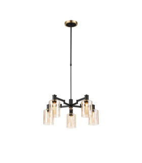 Worcester Swing Arm Telescopic Pendant 5 Light E14 Brass/Satin Black/Amber Uniform Dimple Cylinder Glass-1