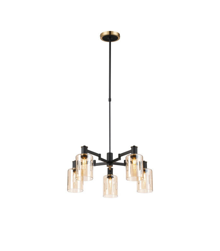 Worcester Swing Arm Telescopic Pendant 5 Light E14 Brass/Satin Black/Amber Uniform Dimple Cylinder Glass-1