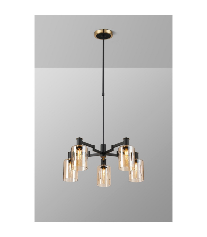 Worcester Swing Arm Telescopic Pendant 5 Light E14 Brass/Satin Black/Amber Uniform Dimple Cylinder Glass-3