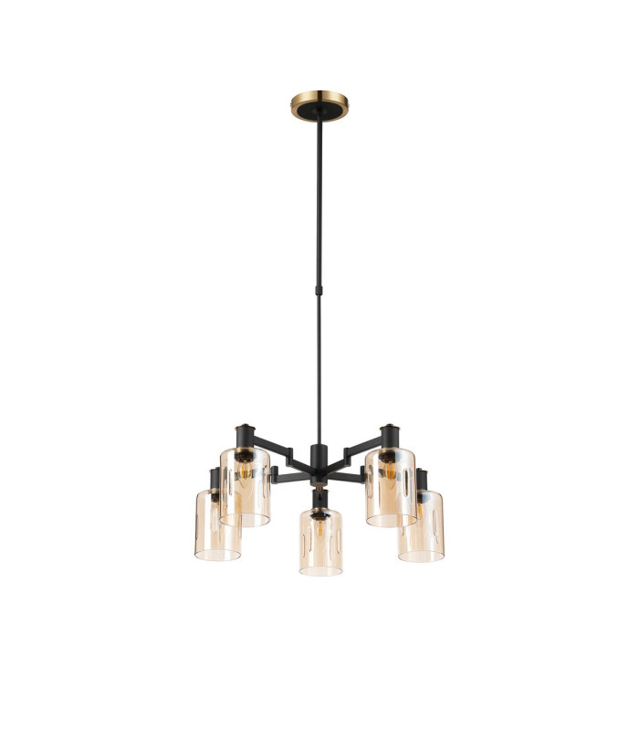 Worcester Swing Arm Telescopic Pendant 5 Light E14 Brass/Satin Black/Amber Uniform Dimple Cylinder Glass-5
