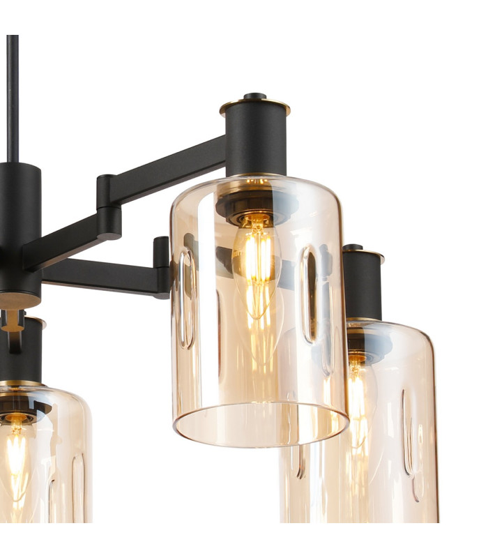 Worcester Swing Arm Telescopic Pendant 5 Light E14 Brass/Satin Black/Amber Uniform Dimple Cylinder Glass-6