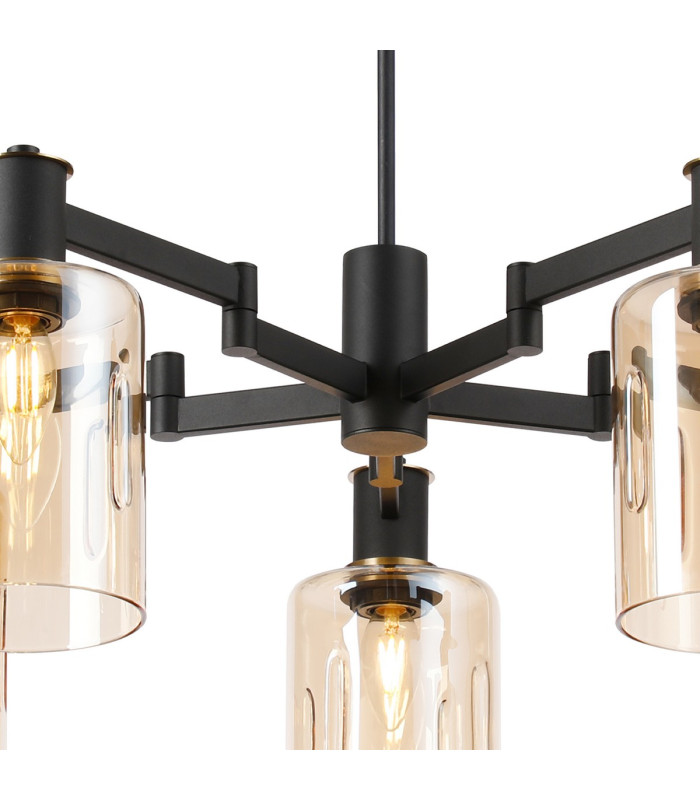Worcester Swing Arm Telescopic Pendant 5 Light E14 Brass/Satin Black/Amber Uniform Dimple Cylinder Glass-7