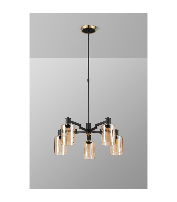 Worcester Swing Arm Telescopic Pendant 5 Light E14 Brass/Satin Black/Amber Uniform Dimple Cylinder Glass-10