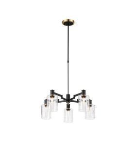 Worcester Swing Arm Telescopic Pendant 5 Light E14 Brass/Satin Black/Clear Uniform Dimple Cylinder Glass-1