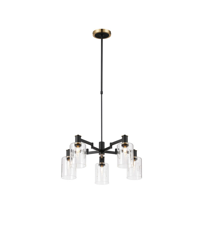 Worcester Swing Arm Telescopic Pendant 5 Light E14 Brass/Satin Black/Clear Uniform Dimple Cylinder Glass-1