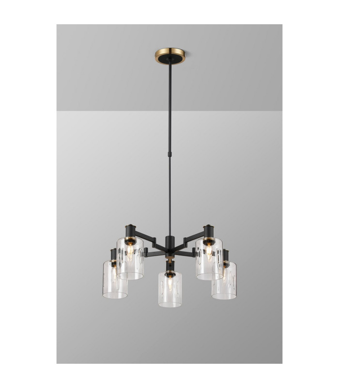 Worcester Swing Arm Telescopic Pendant 5 Light E14 Brass/Satin Black/Clear Uniform Dimple Cylinder Glass-3