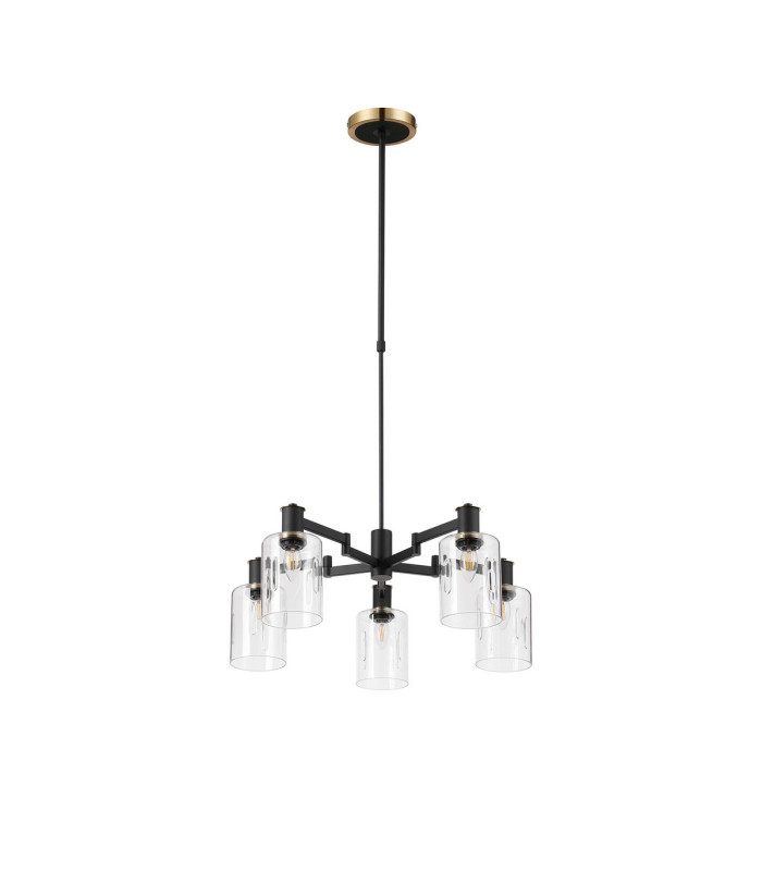 Worcester Swing Arm Telescopic Pendant 5 Light E14 Brass/Satin Black/Clear Uniform Dimple Cylinder Glass-5