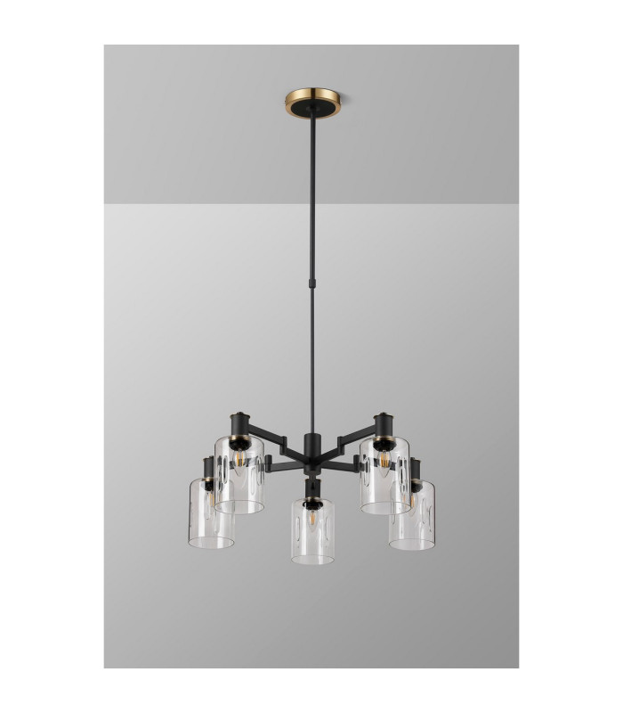 Worcester Swing Arm Telescopic Pendant 5 Light E14 Brass/Satin Black/Clear Uniform Dimple Cylinder Glass-10