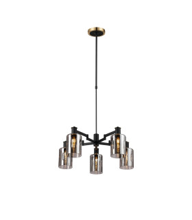 Worcester Swing Arm Telescopic Pendant 5 Light E14 Brass/Satin Black/Smoke Uniform Dimple Cylinder Glass-1