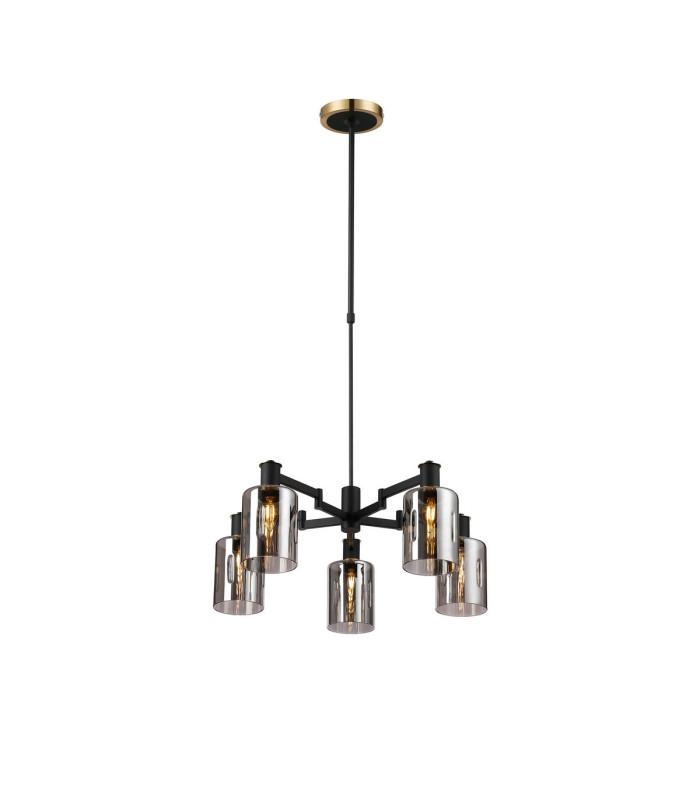 Worcester Swing Arm Telescopic Pendant 5 Light E14 Brass/Satin Black/Smoke Uniform Dimple Cylinder Glass-1
