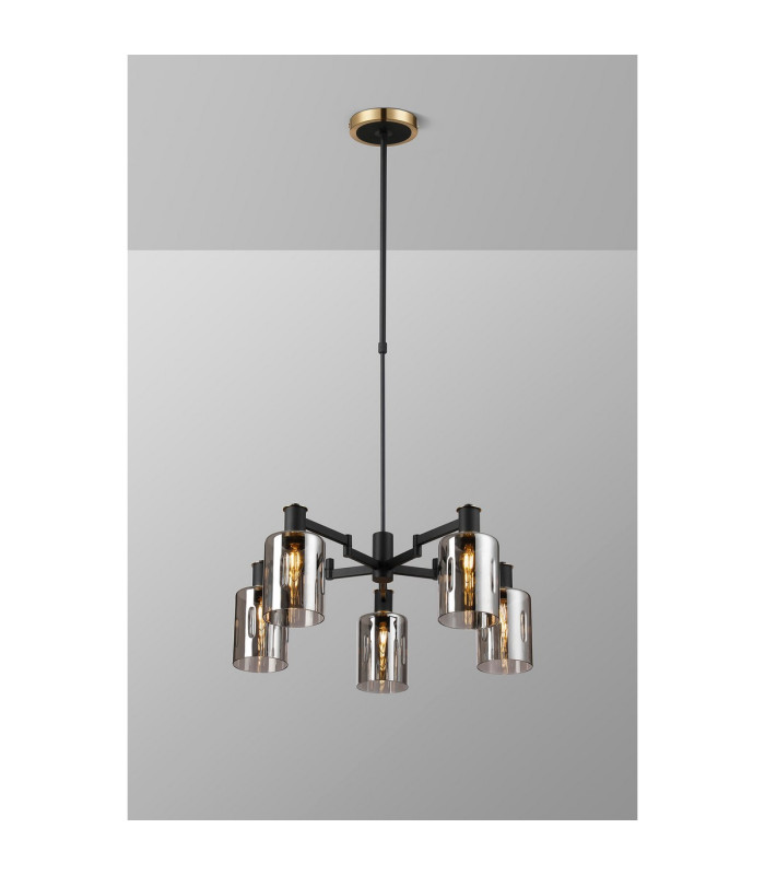 Worcester Swing Arm Telescopic Pendant 5 Light E14 Brass/Satin Black/Smoke Uniform Dimple Cylinder Glass-3