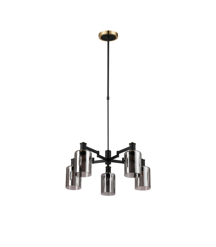 Worcester Swing Arm Telescopic Pendant 5 Light E14 Brass/Satin Black/Smoke Uniform Dimple Cylinder Glass-5