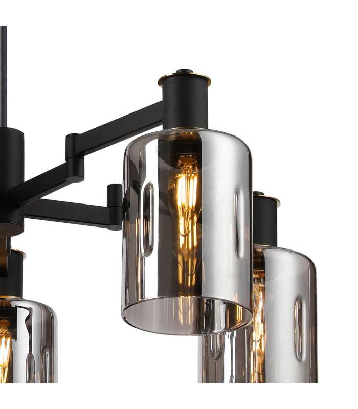 Worcester Swing Arm Telescopic Pendant 5 Light E14 Brass/Satin Black/Smoke Uniform Dimple Cylinder Glass-6