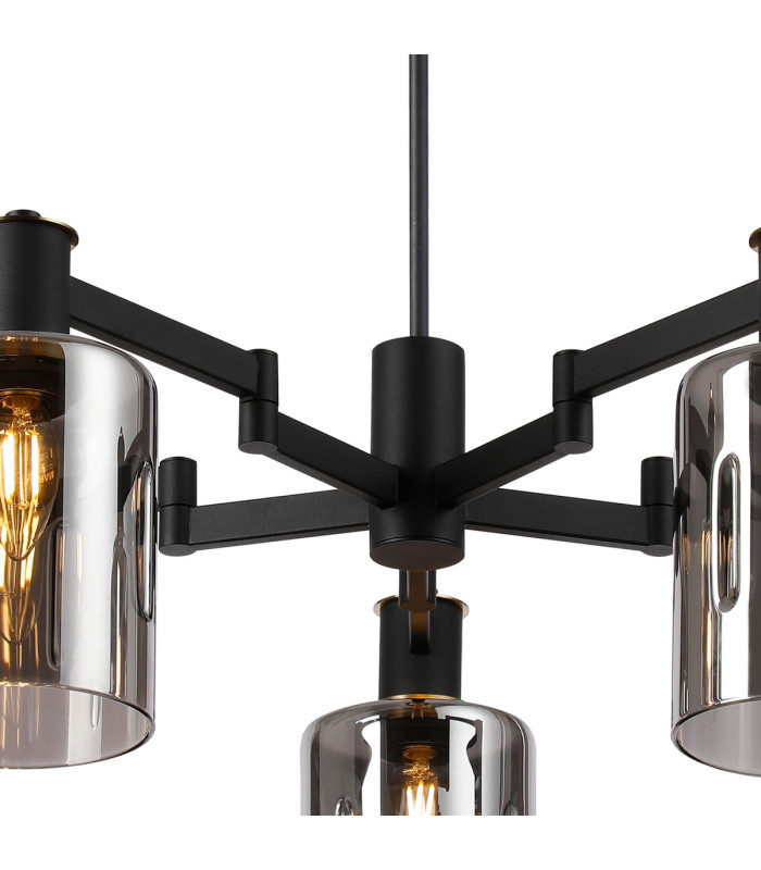 Worcester Swing Arm Telescopic Pendant 5 Light E14 Brass/Satin Black/Smoke Uniform Dimple Cylinder Glass-7