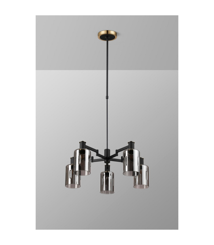 Worcester Swing Arm Telescopic Pendant 5 Light E14 Brass/Satin Black/Smoke Uniform Dimple Cylinder Glass-10