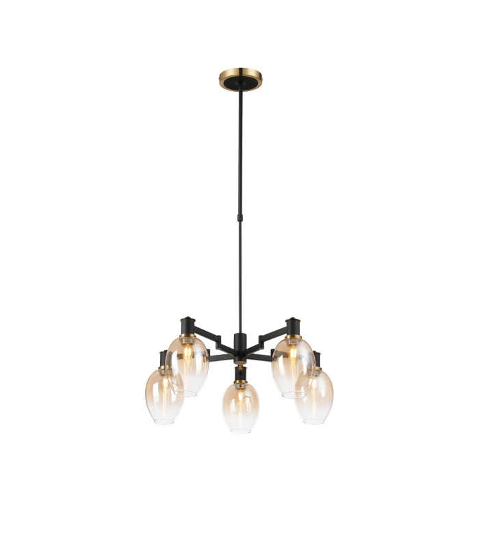 Worcester Swing Arm Telescopic Pendant 5 Light E14 Brass/Satin Black/Amber Fade Wine Glass Glass-1