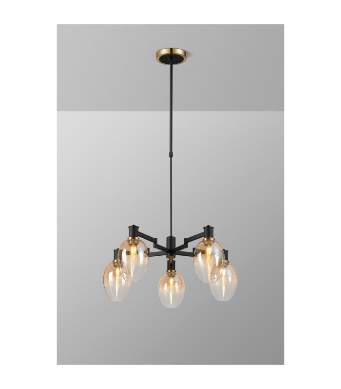 Worcester Swing Arm Telescopic Pendant 5 Light E14 Brass/Satin Black/Amber Fade Wine Glass Glass-3