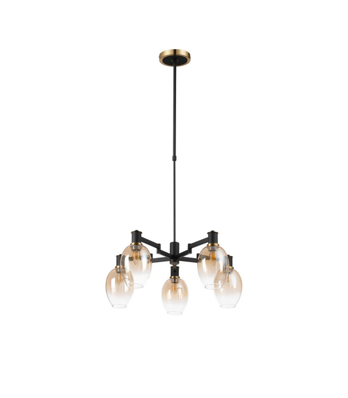 Worcester Swing Arm Telescopic Pendant 5 Light E14 Brass/Satin Black/Amber Fade Wine Glass Glass-5