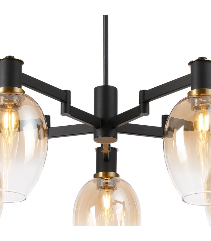 Worcester Swing Arm Telescopic Pendant 5 Light E14 Brass/Satin Black/Amber Fade Wine Glass Glass-7