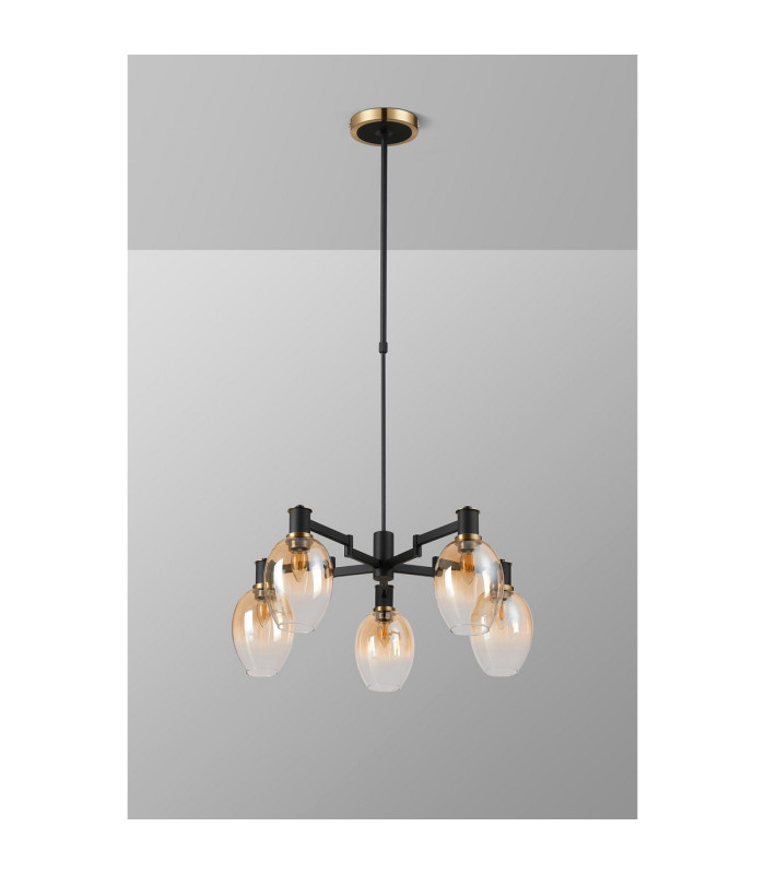 Worcester Swing Arm Telescopic Pendant 5 Light E14 Brass/Satin Black/Amber Fade Wine Glass Glass-10