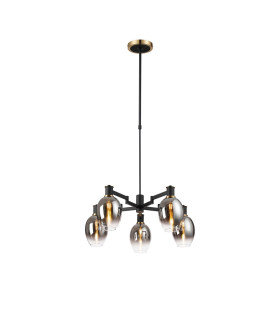 Worcester Swing Arm Telescopic Pendant 5 Light E14 Brass/Satin Black/Smoke Fade Wine Glass Glass-1