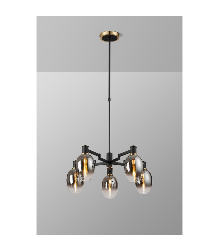 Worcester Swing Arm Telescopic Pendant 5 Light E14 Brass/Satin Black/Smoke Fade Wine Glass Glass-3