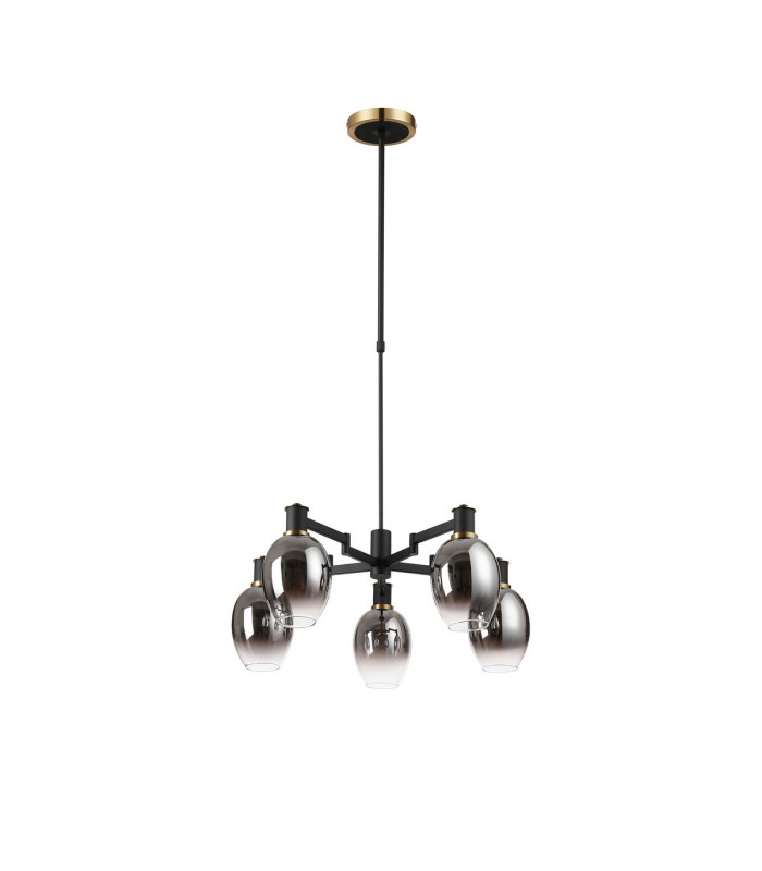 Worcester Swing Arm Telescopic Pendant 5 Light E14 Brass/Satin Black/Smoke Fade Wine Glass Glass-5