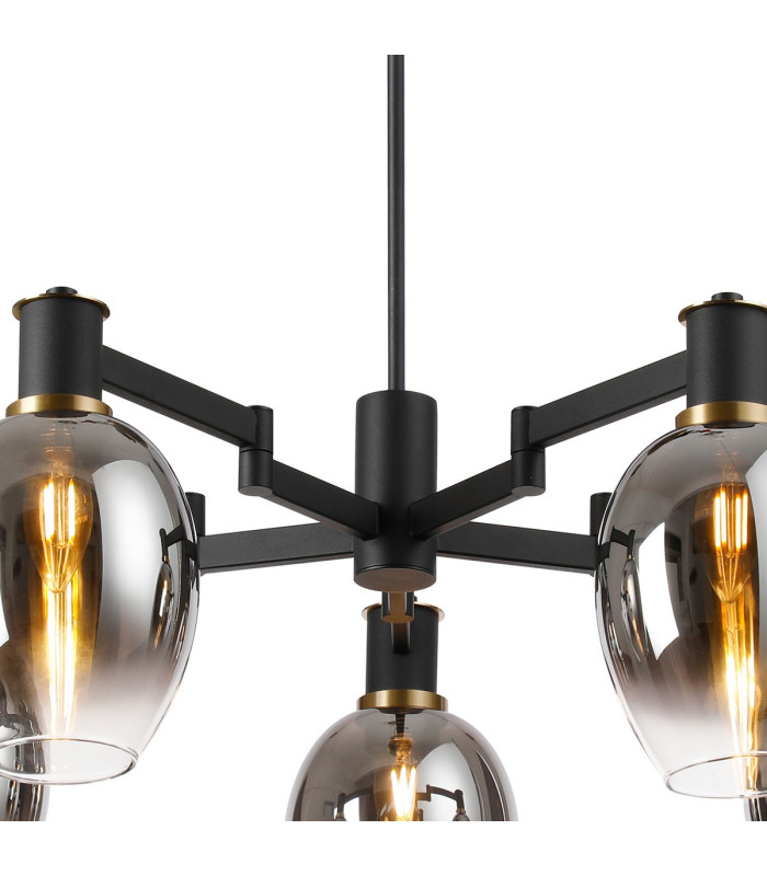 Worcester Swing Arm Telescopic Pendant 5 Light E14 Brass/Satin Black/Smoke Fade Wine Glass Glass-7