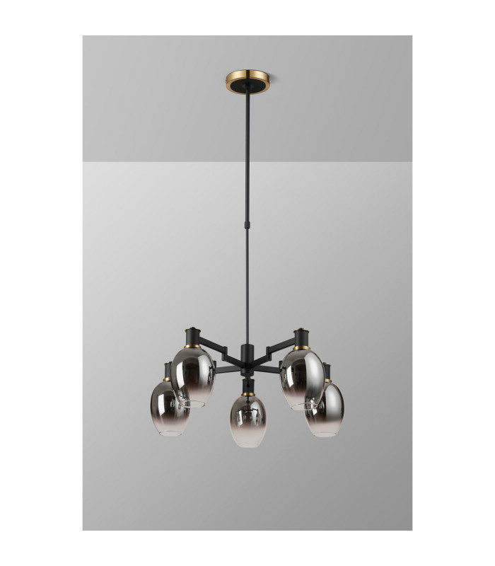 Worcester Swing Arm Telescopic Pendant 5 Light E14 Brass/Satin Black/Smoke Fade Wine Glass Glass-10
