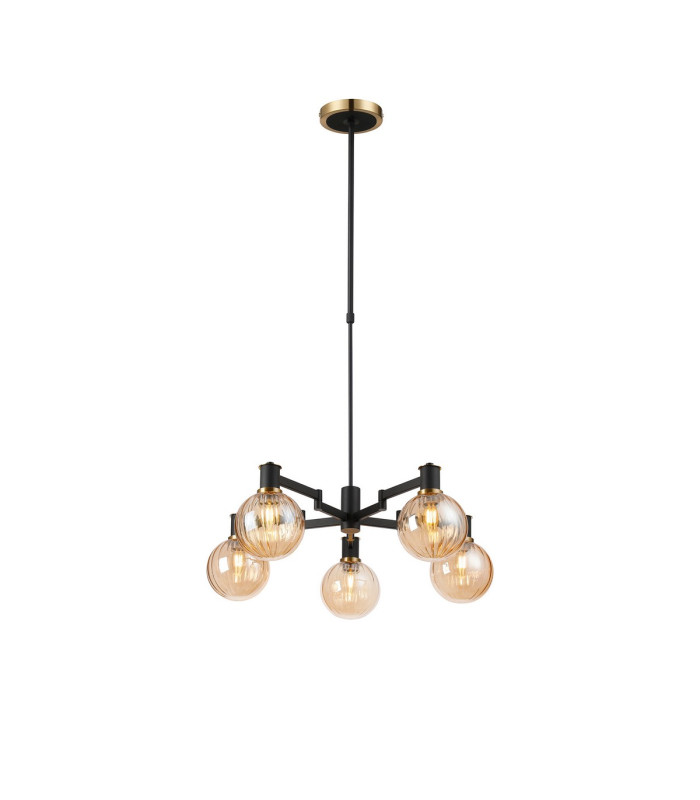 Worcester Swing Arm Telescopic Pendant 5 Light E14 Brass/Satin Black/Amber Plated Round Segment Glass-1