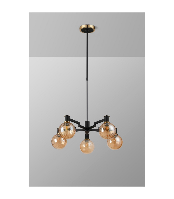 Worcester Swing Arm Telescopic Pendant 5 Light E14 Brass/Satin Black/Amber Plated Round Segment Glass-9