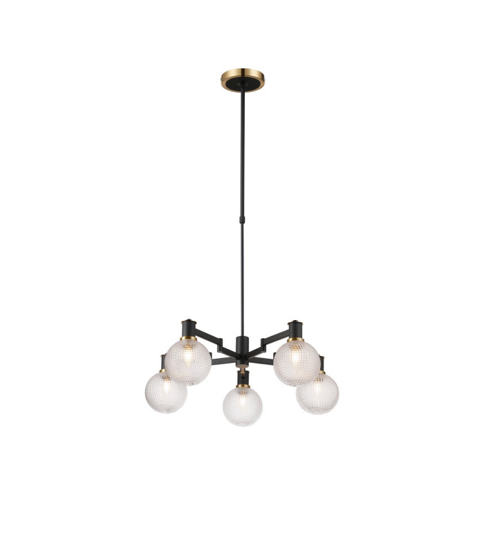 Worcester Swing Arm Telescopic Pendant 5 Light E14 Brass/Satin Black/Clear Round Textured Diamond Pattern Glass-1