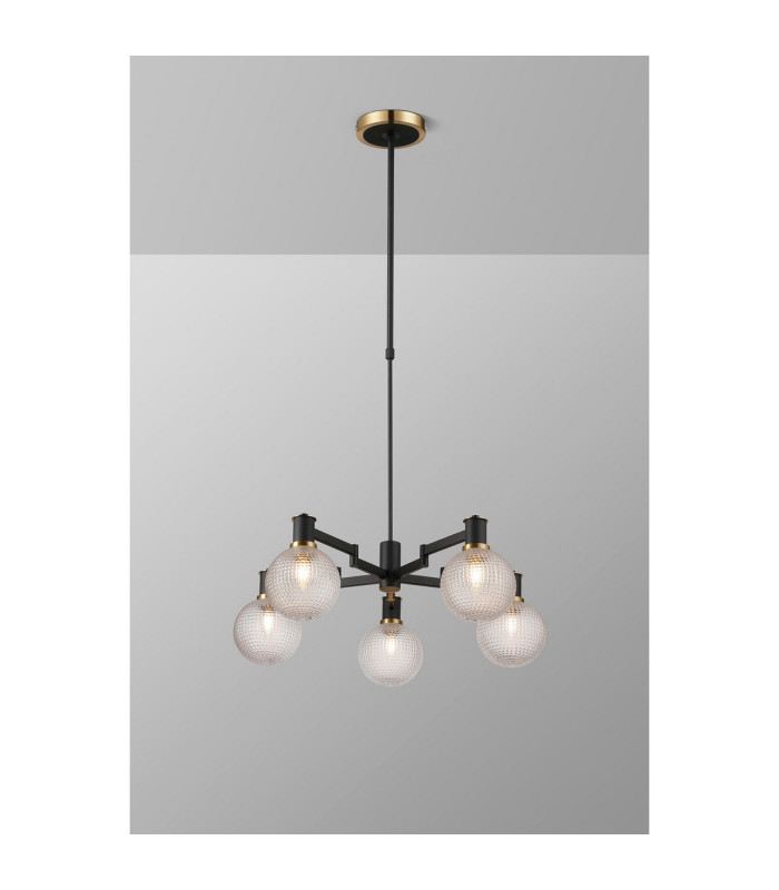 Worcester Swing Arm Telescopic Pendant 5 Light E14 Brass/Satin Black/Clear Round Textured Diamond Pattern Glass-3
